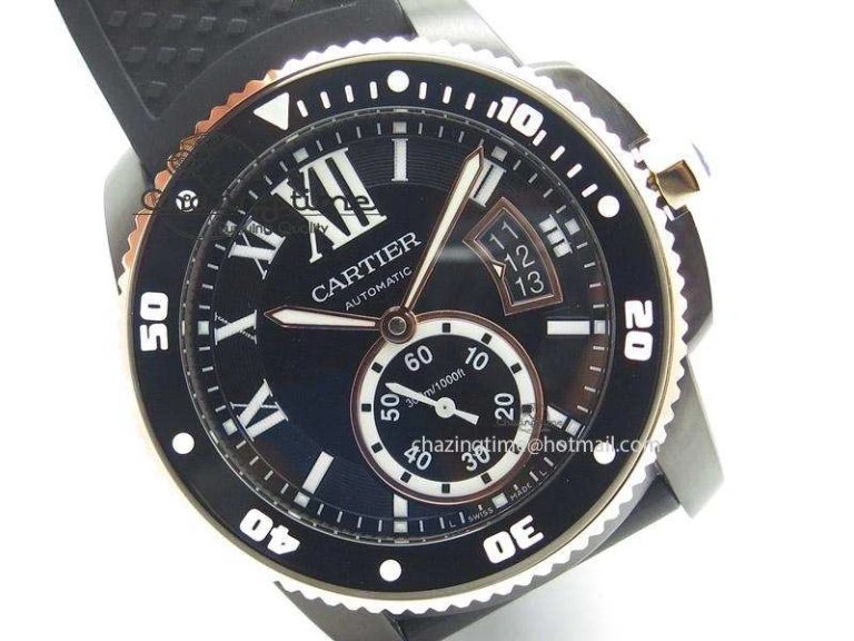 ComfortFit Calibre de Cartier Diver TF 1:1 Best Edition PVD RG Black Dial On Black Rubber Strap MIYOTA Movement 6367