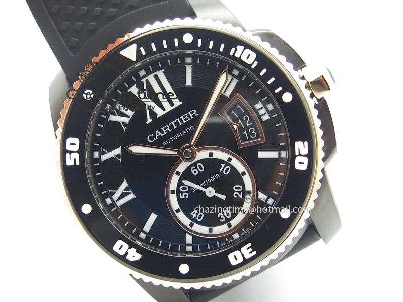 ComfortFit Calibre de Cartier Diver TF 1:1 Best Edition PVD RG Black Dial On Black Rubber Strap MIYOTA Movement 6367