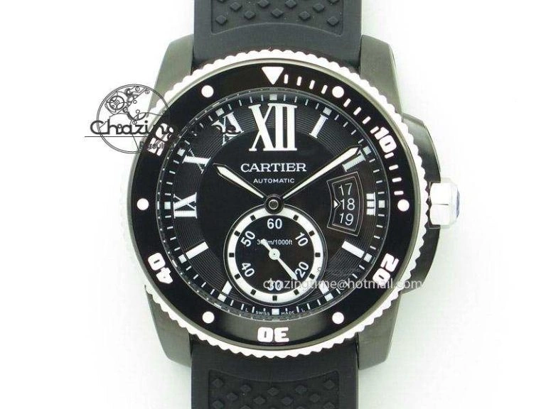 FastDry Calibre de Cartier Diver TF 1:1 Best Edition PVD SS Black Dial On Black Rubber Strap MIYOTA Movement 6368