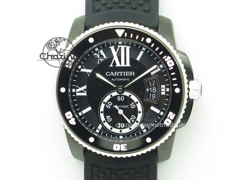 FastDry Calibre de Cartier Diver TF 1:1 Best Edition PVD SS Black Dial On Black Rubber Strap MIYOTA Movement 6368