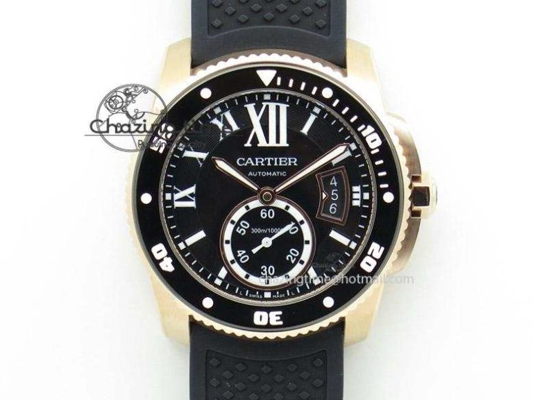 Calibre de Cartier Diver TF 1:1 Best Edition RG Black Dial on Black Rubber Strap MIYOTA Movement TopPick 6370