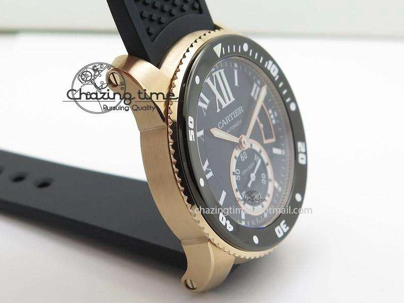 Calibre de Cartier Diver TF 1:1 Best Edition RG Black Dial on Black Rubber Strap MIYOTA Movement TopPick 6370