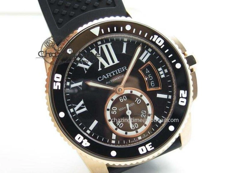 Calibre de Cartier Diver TF 1:1 Best Edition RG Black Dial on Black Rubber Strap MIYOTA Movement TopPick 6370