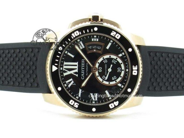 Calibre de Cartier Diver TF 1:1 Best Edition RG Black Dial on Black Rubber Strap MIYOTA Movement TopPick 6370