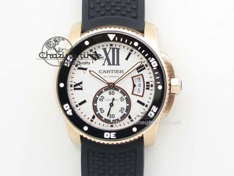 Calibre de Cartier Diver TF 1:1 Best Edition RG White Dial on Black Rubber Strap MIYOTA Movement ZeroBulk 6373