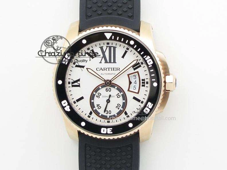 Calibre de Cartier Diver TF 1:1 Best Edition RG White Dial on Black Rubber Strap MIYOTA Movement ZeroBulk 6373