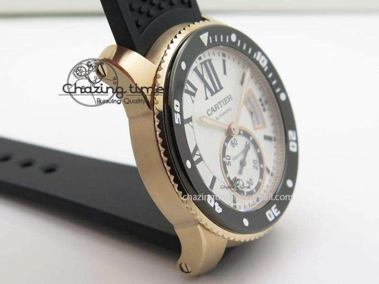 Calibre de Cartier Diver TF 1:1 Best Edition RG White Dial on Black Rubber Strap MIYOTA Movement ZeroBulk 6373