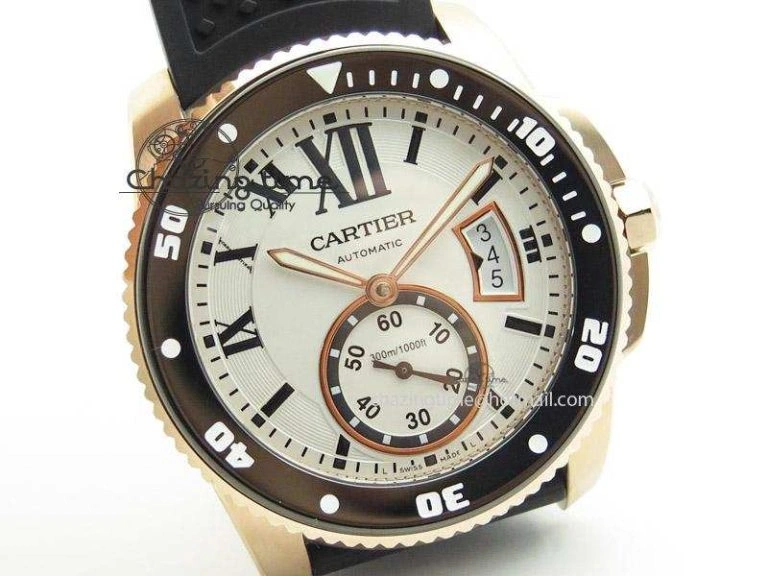 Calibre de Cartier Diver TF 1:1 Best Edition RG White Dial on Black Rubber Strap MIYOTA Movement ZeroBulk 6373