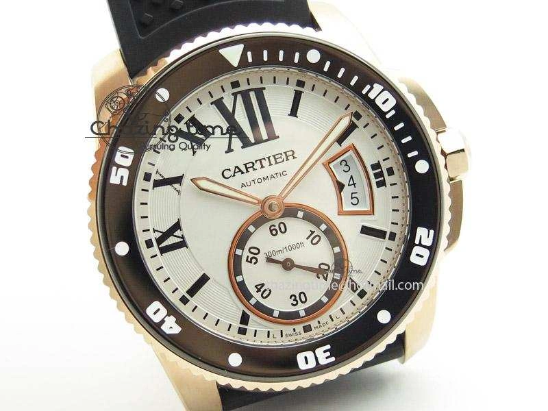 Calibre de Cartier Diver TF 1:1 Best Edition RG White Dial on Black Rubber Strap MIYOTA Movement ZeroBulk 6373