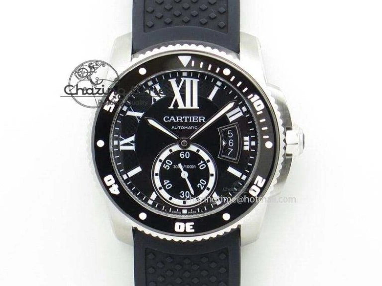 Calibre de Cartier Diver TF 1:1 Best Edition SS Black Dial on Black Rubber Strap MIYOTA Movement MultiPurpose 6374