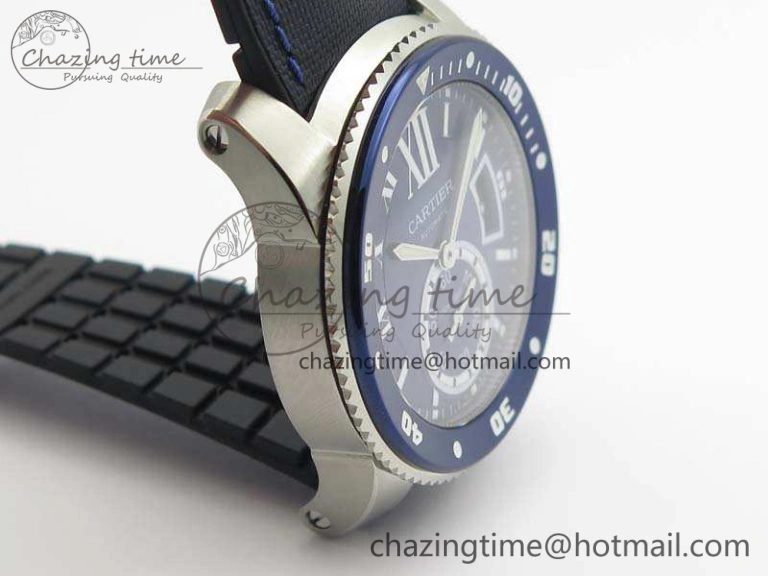 ZipUp Calibre de Cartier Diver TF 1:1 Best Edition SS Blue Dial On Nylon Black Rubber Strap 23J Movement 6270