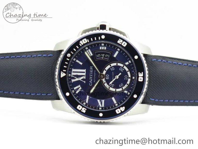 ZipUp Calibre de Cartier Diver TF 1:1 Best Edition SS Blue Dial On Nylon Black Rubber Strap 23J Movement 6270