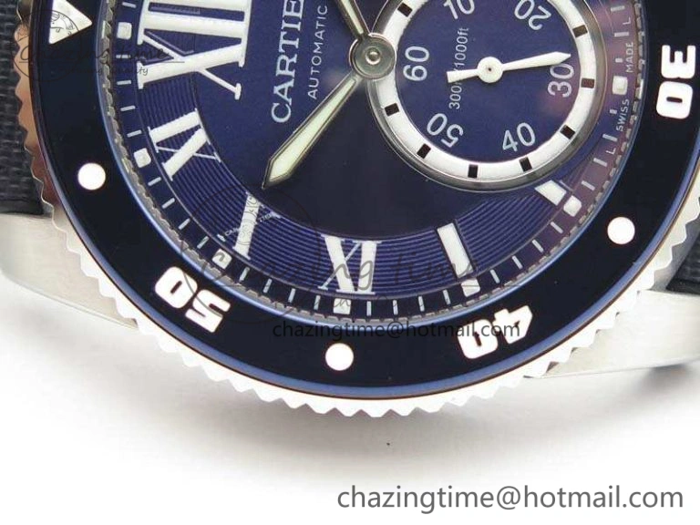ZipUp Calibre de Cartier Diver TF 1:1 Best Edition SS Blue Dial On Nylon Black Rubber Strap 23J Movement 6270