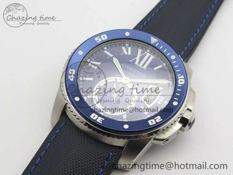 ZipUp Calibre de Cartier Diver TF 1:1 Best Edition SS Blue Dial On Nylon Black Rubber Strap 23J Movement 6270
