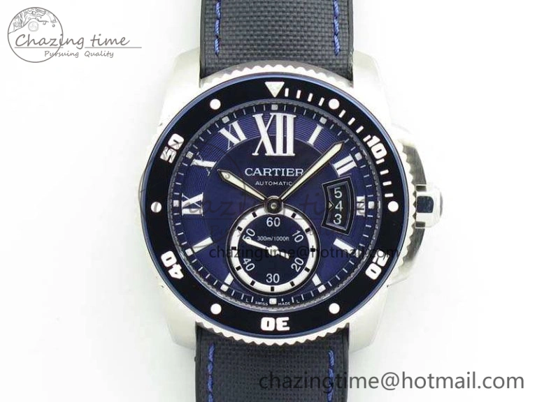 ZipUp Calibre de Cartier Diver TF 1:1 Best Edition SS Blue Dial On Nylon Black Rubber Strap 23J Movement 6270