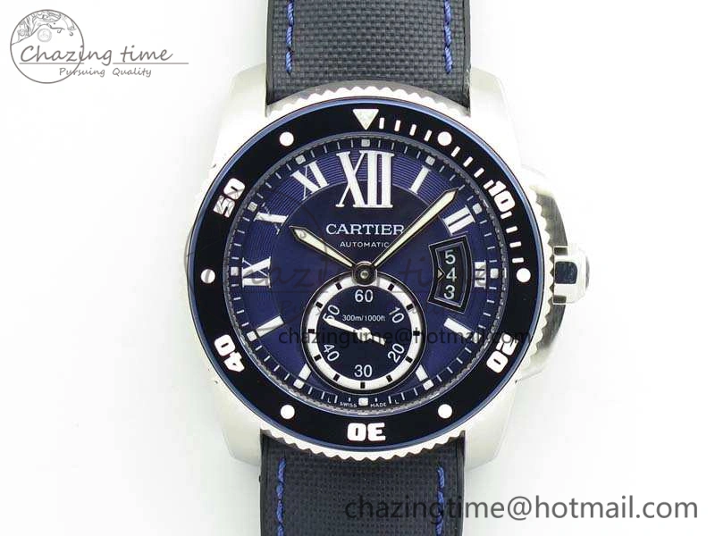 ZipUp Calibre de Cartier Diver TF 1:1 Best Edition SS Blue Dial On Nylon Black Rubber Strap 23J Movement 6270