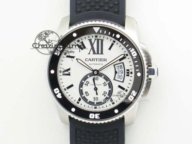 UrbanChic Calibre de Cartier Diver TF 1:1 Best Edition SS White Dial on Black Rubber Strap MIYOTA Movement 6372