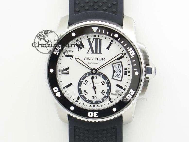 UrbanChic Calibre de Cartier Diver TF 1:1 Best Edition SS White Dial on Black Rubber Strap MIYOTA Movement 6372