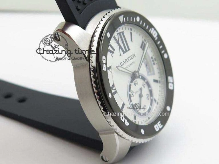 UrbanChic Calibre de Cartier Diver TF 1:1 Best Edition SS White Dial on Black Rubber Strap MIYOTA Movement 6372