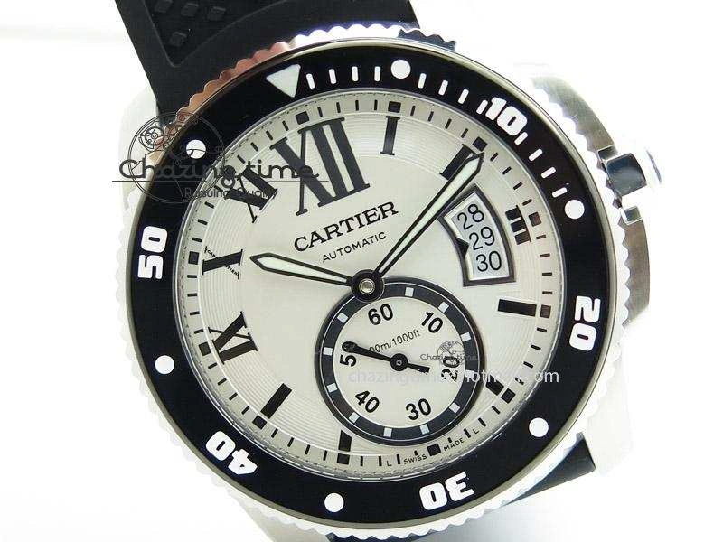 UrbanChic Calibre de Cartier Diver TF 1:1 Best Edition SS White Dial on Black Rubber Strap MIYOTA Movement 6372