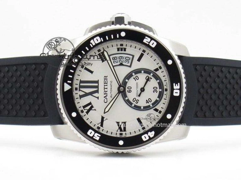 UrbanChic Calibre de Cartier Diver TF 1:1 Best Edition SS White Dial on Black Rubber Strap MIYOTA Movement 6372
