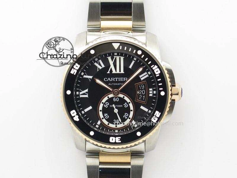 Efficient Calibre de Cartier Diver TF 1:1 Best Edition SS RG Black Dial On SS RG Bracelet MIYOTA Movement 6364