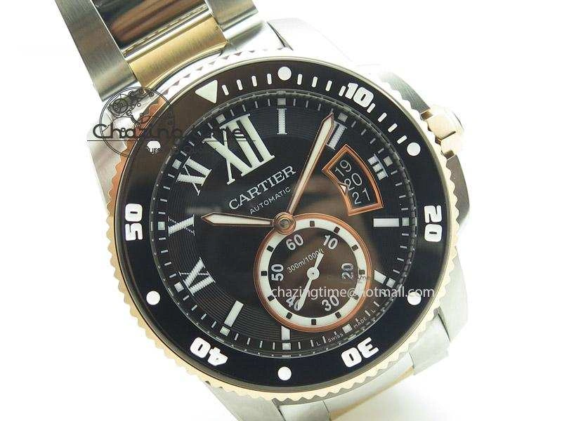 Efficient Calibre de Cartier Diver TF 1:1 Best Edition SS RG Black Dial On SS RG Bracelet MIYOTA Movement 6364