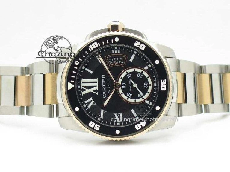 Efficient Calibre de Cartier Diver TF 1:1 Best Edition SS RG Black Dial On SS RG Bracelet MIYOTA Movement 6364