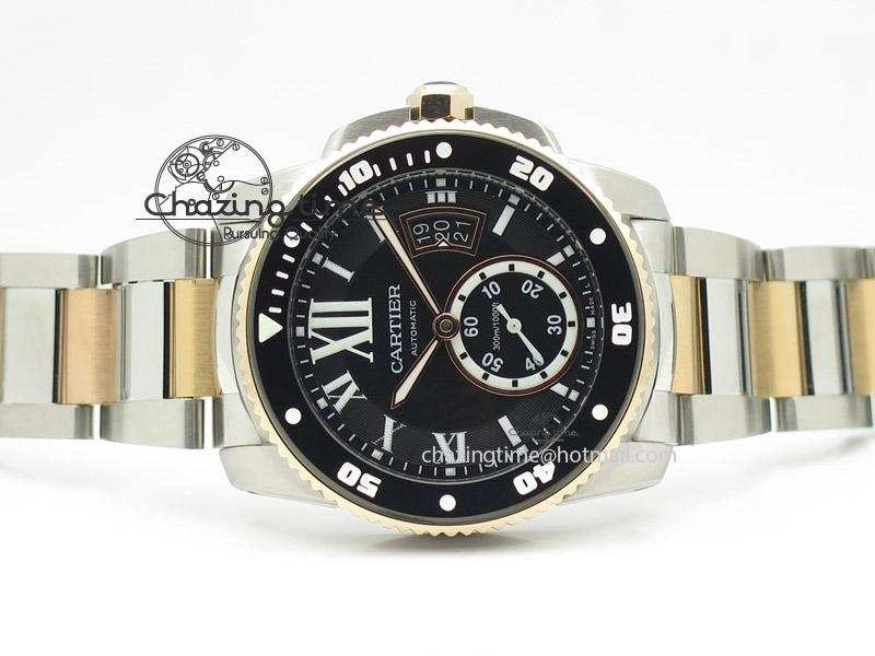 Efficient Calibre de Cartier Diver TF 1:1 Best Edition SS RG Black Dial On SS RG Bracelet MIYOTA Movement 6364