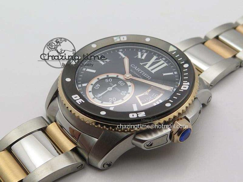 Efficient Calibre de Cartier Diver TF 1:1 Best Edition SS RG Black Dial On SS RG Bracelet MIYOTA Movement 6364