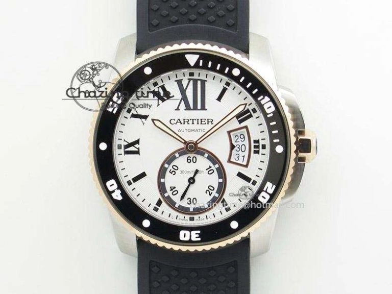 Calibre de Cartier Diver TF 1:1 Best Edition SS RG White Dial on Black Rubber Strap MIYOTA Movement SmoothTexture 6371