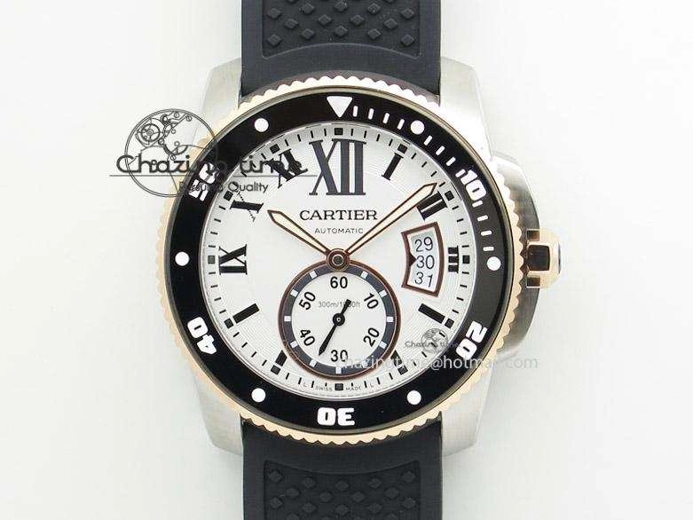 Calibre de Cartier Diver TF 1:1 Best Edition SS RG White Dial on Black Rubber Strap MIYOTA Movement SmoothTexture 6371