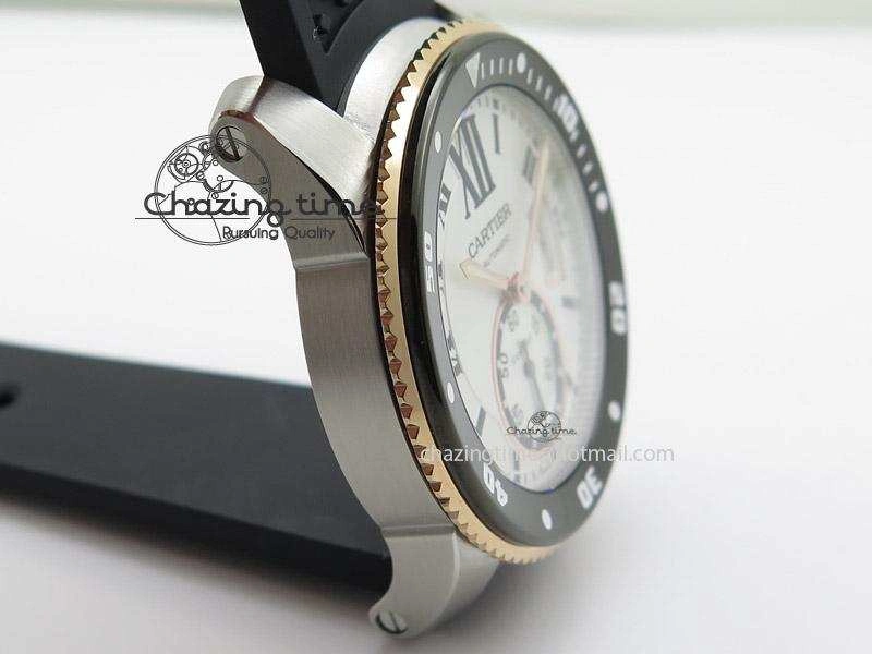 Calibre de Cartier Diver TF 1:1 Best Edition SS RG White Dial on Black Rubber Strap MIYOTA Movement SmoothTexture 6371