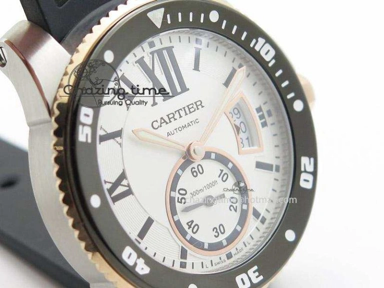 Calibre de Cartier Diver TF 1:1 Best Edition SS RG White Dial on Black Rubber Strap MIYOTA Movement SmoothTexture 6371