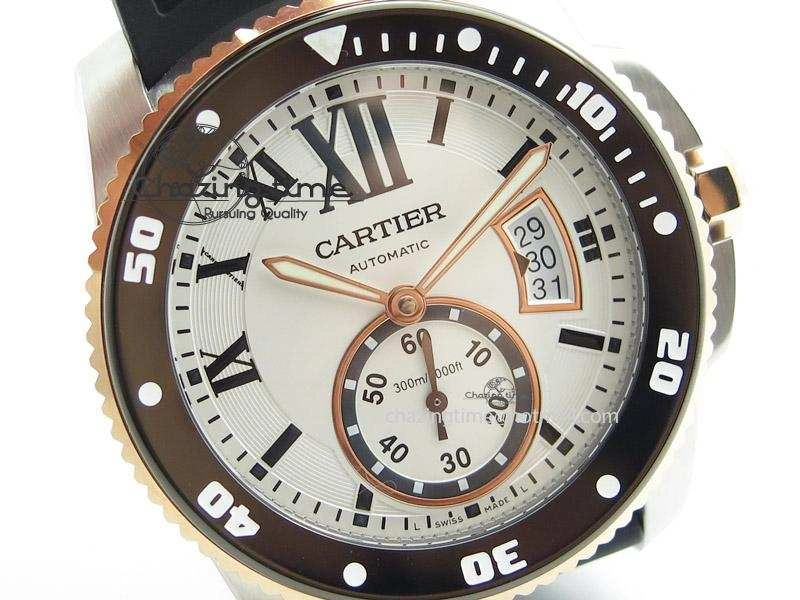 Calibre de Cartier Diver TF 1:1 Best Edition SS RG White Dial on Black Rubber Strap MIYOTA Movement SmoothTexture 6371