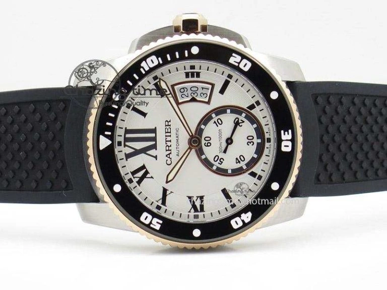 Calibre de Cartier Diver TF 1:1 Best Edition SS RG White Dial on Black Rubber Strap MIYOTA Movement SmoothTexture 6371