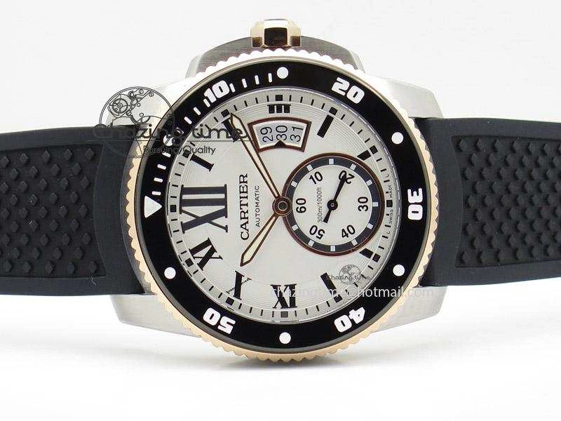 Calibre de Cartier Diver TF 1:1 Best Edition SS RG White Dial on Black Rubber Strap MIYOTA Movement SmoothTexture 6371