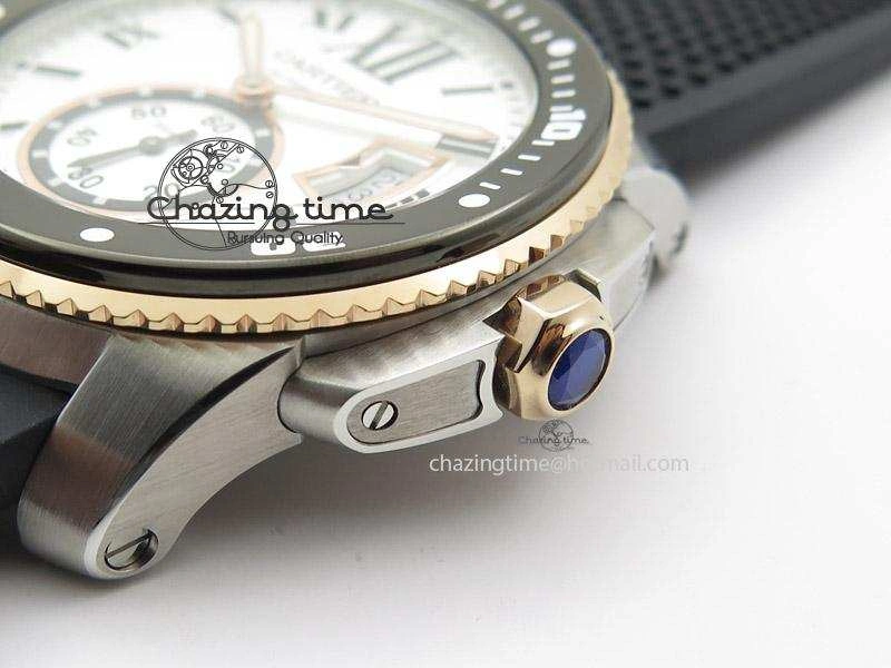 Calibre de Cartier Diver TF 1:1 Best Edition SS RG White Dial on Black Rubber Strap MIYOTA Movement SmoothTexture 6371