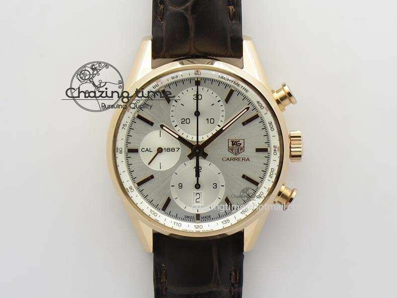Carrera CAL1887 Chronograph 41mm RG V6F 1:1 Best Edition White Dial On Brown Leather Strap CAL Timeless 9704
