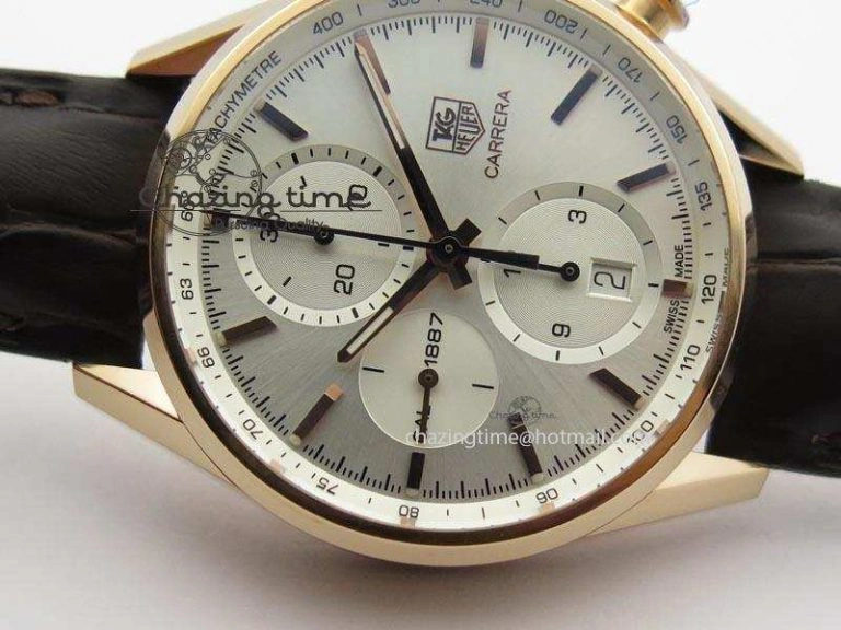 Carrera CAL1887 Chronograph 41mm RG V6F 1:1 Best Edition White Dial On Brown Leather Strap CAL Timeless 9704