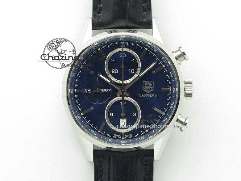 Carrera CAL1887 Chronograph 41mm SS V6F 1:1 Best Edition Blue Dial On Black Leather Strap CAL Popular 9717