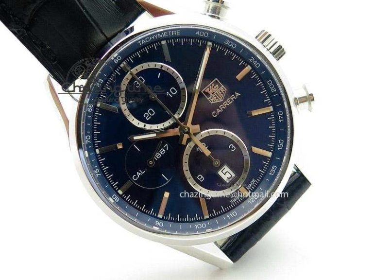 Carrera CAL1887 Chronograph 41mm SS V6F 1:1 Best Edition Blue Dial On Black Leather Strap CAL Popular 9717