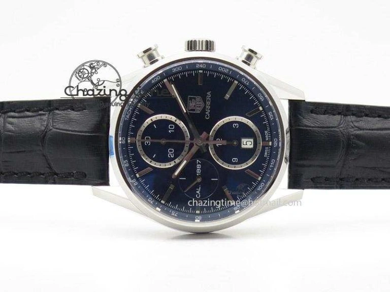 Carrera CAL1887 Chronograph 41mm SS V6F 1:1 Best Edition Blue Dial On Black Leather Strap CAL Popular 9717