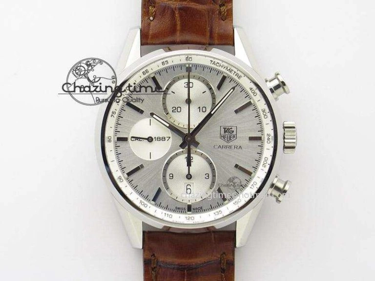 GoAnywhere Carrera CAL1887 Chronograph 41mm SS V6F 1:1 Best Edition White Dial On Brown Leather Strap CAL 9718