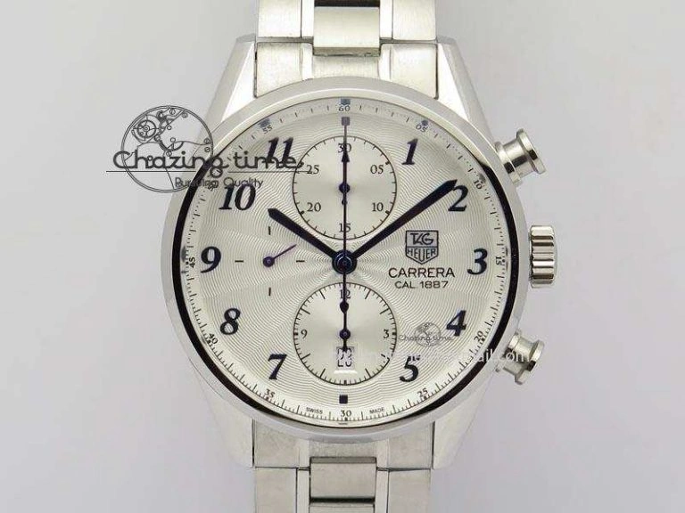 Thermal Carrera CAL1887 Chronograph SS V6F 1:1 Best Edition White Dial Blue Markers On SS Bracelet CAL 9705