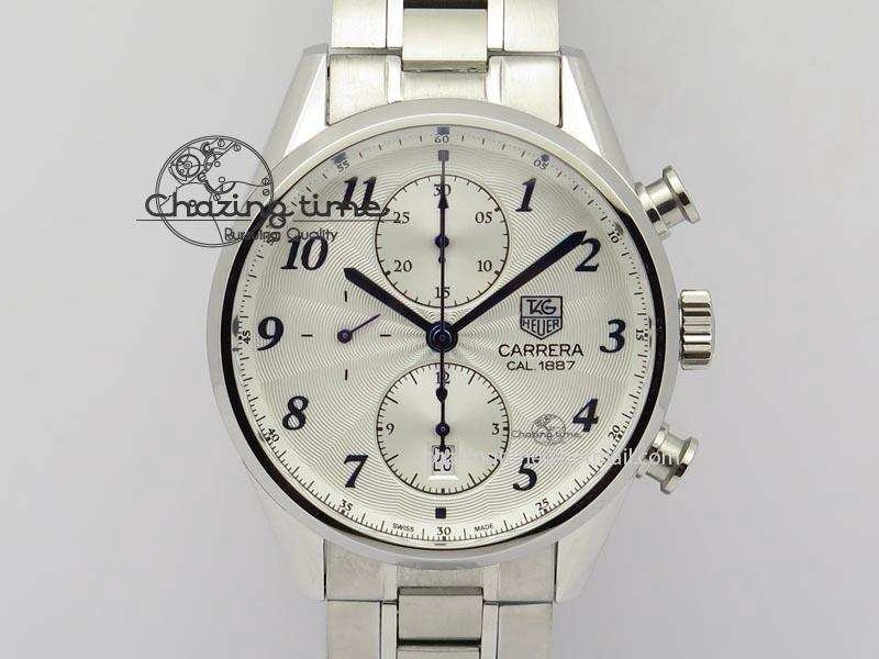 Thermal Carrera CAL1887 Chronograph SS V6F 1:1 Best Edition White Dial Blue Markers On SS Bracelet CAL 9705