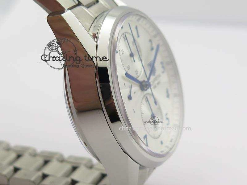 Thermal Carrera CAL1887 Chronograph SS V6F 1:1 Best Edition White Dial Blue Markers On SS Bracelet CAL 9705