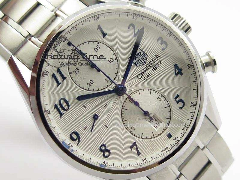 Thermal Carrera CAL1887 Chronograph SS V6F 1:1 Best Edition White Dial Blue Markers On SS Bracelet CAL 9705