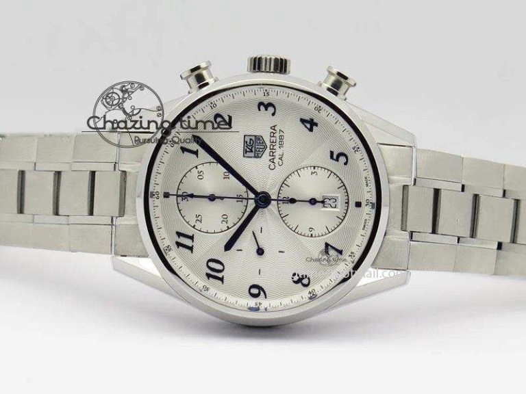 Thermal Carrera CAL1887 Chronograph SS V6F 1:1 Best Edition White Dial Blue Markers On SS Bracelet CAL 9705
