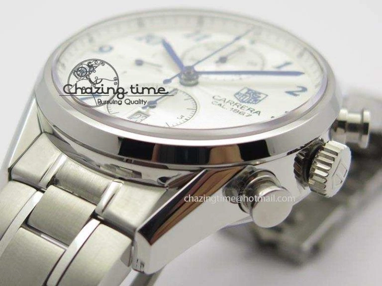 Thermal Carrera CAL1887 Chronograph SS V6F 1:1 Best Edition White Dial Blue Markers On SS Bracelet CAL 9705